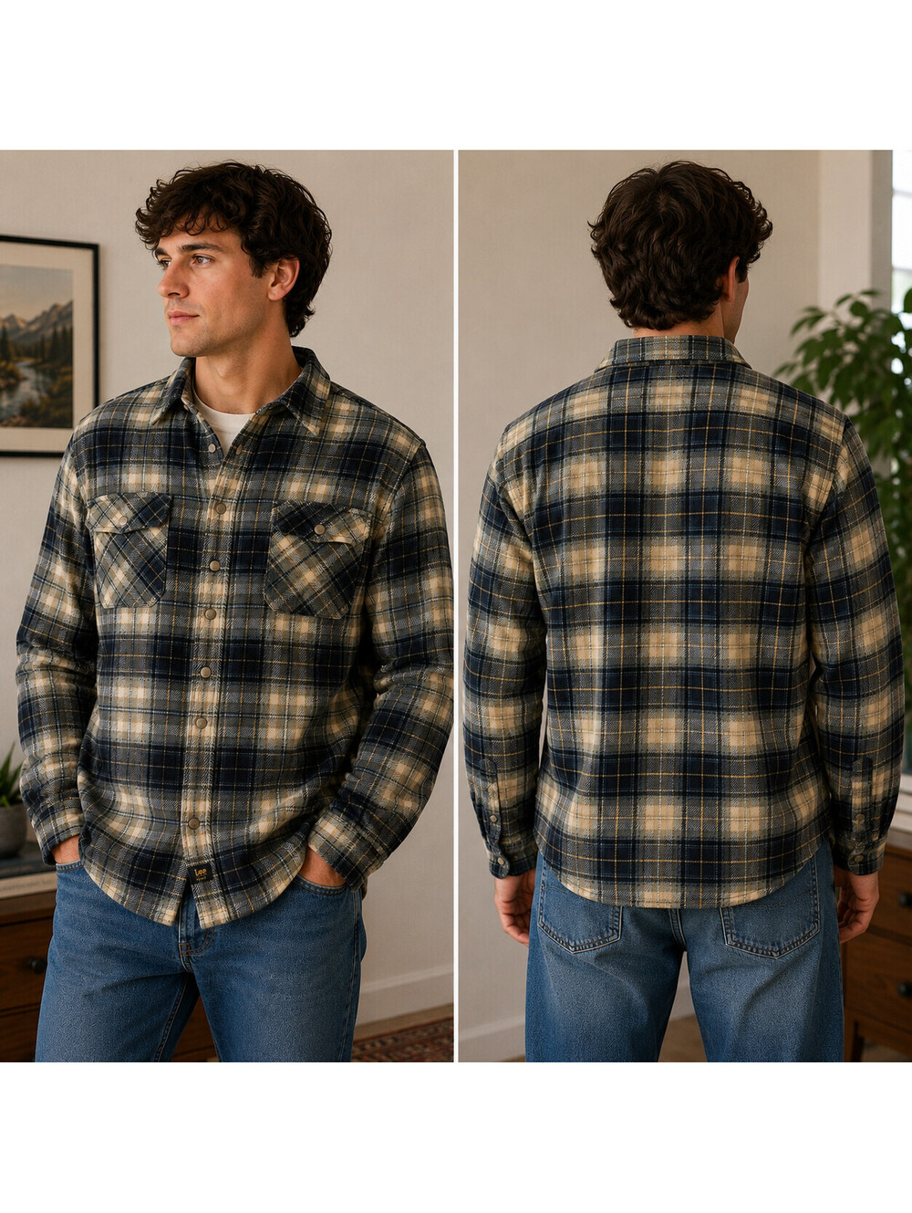 Lee Sherpa Lined Plaid Flannel Shirt Jacket Men's Large Green Black Shacket